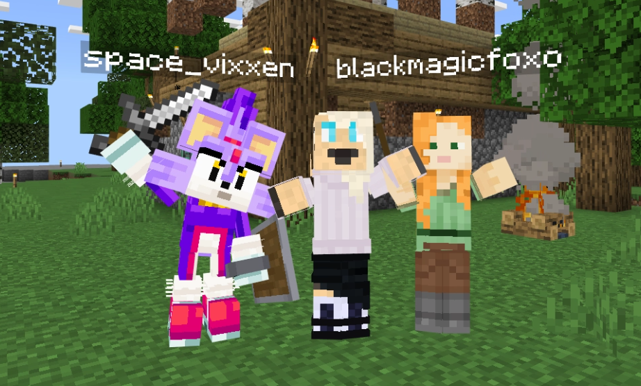 three minecraft characters standing in front of a house. Midi is on the left with a blaze the cat skin, with two others waving to the camera. how cute uwu